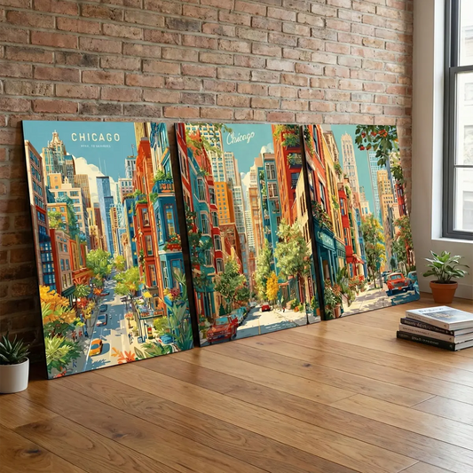 Chicago City Street Life Illustration Poster Set