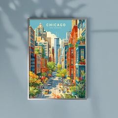 Chicago City Street Life Illustration Poster Set – Bedroom Living Room Wall Art
