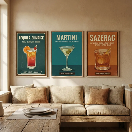 Vintage Cocktail Recipe Illustration Poster Set – Kitchen Dining Room Wall Art