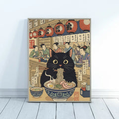 Black Cat Eating Ramen Japanese Ukiyo-e Style Poster – Bedroom Kitchen Wall Art