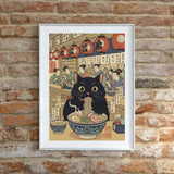 Black Cat Eating Ramen Japanese Ukiyo-e Style Poster – Bedroom Kitchen Wall Art