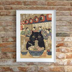 Black Cat Eating Ramen Japanese Ukiyo-e Style Poster – Bedroom Kitchen Wall Art