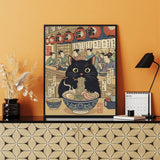 Black Cat Eating Ramen Japanese Ukiyo-e Style Poster – Bedroom Kitchen Wall Art