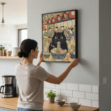 Black Cat Eating Ramen Japanese Ukiyo-e Style Poster – Bedroom Kitchen Wall Art