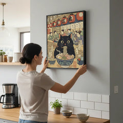 Black Cat Eating Ramen Japanese Ukiyo-e Style Poster – Bedroom Kitchen Wall Art