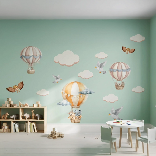 Hot Air Balloon Wall Sticker Set – Dreamy Clouds & Birds Decal