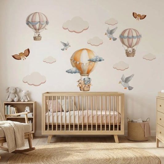 Hot Air Balloon Wall Sticker Set – Dreamy Clouds & Birds Decal