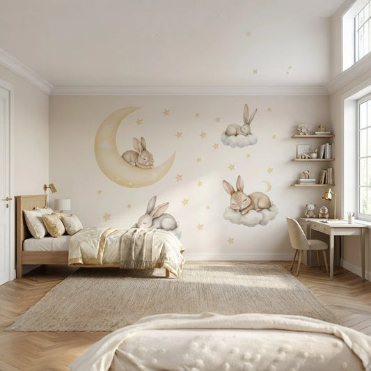 Sleeping Bunny Moon Wall Sticker – Cute Rabbit Clouds Decal