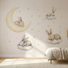 Sleeping Bunny Moon Wall Sticker – Cute Rabbit Clouds Decal