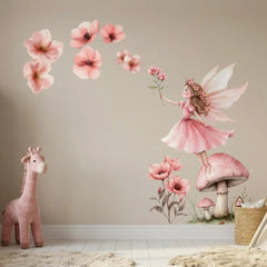 Pink Fairy Flowers Wall Sticker Set – Girls Room Nursery Removable Decal