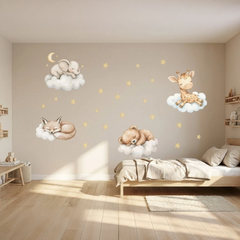 Sleeping Animals on Clouds Wall Sticker Set – Nursery Kids Room Removable Decal
