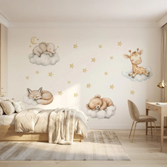 Sleeping Animals on Clouds Wall Sticker Set – Nursery Kids Room Removable Decal