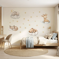 Sleeping Animals on Clouds Wall Sticker Set – Nursery Kids Room Removable Decal