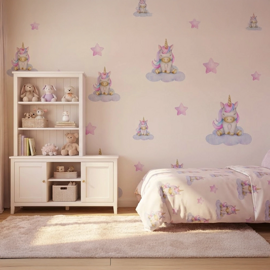 Pastel Unicorn on Clouds Nursery Wall Sticker Set