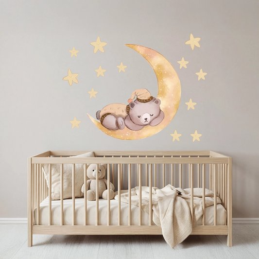 Sleeping Bear on Moon Nursery Wall Sticker with Stars