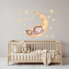 Sleeping Bear on Moon Nursery Wall Sticker – Kids Room Stars Removable Decal