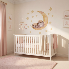 Sleeping Bear on Moon Nursery Wall Sticker – Kids Room Stars Removable Decal