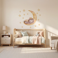 Sleeping Bear on Moon Nursery Wall Sticker – Kids Room Stars Removable Decal