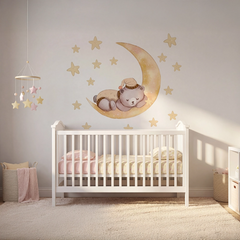 Sleeping Bear on Moon Nursery Wall Sticker – Kids Room Stars Removable Decal