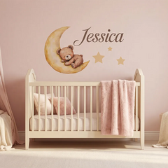 Personalized Nursery Sleeping Bear on the Moon Wall Sticker – Kids Room Decal