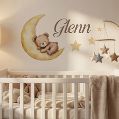 Personalized Nursery Sleeping Bear on the Moon Wall Sticker – Kids Room Decal