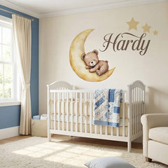 Personalized Nursery Sleeping Bear on the Moon Wall Sticker – Kids Room Decal