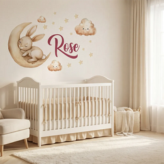Personalized Bunny on Moon Nursery Wall Decal – Kids Room Removable Sticker