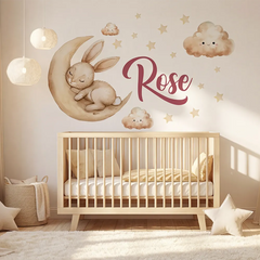 Personalized Bunny on Moon Nursery Wall Decal – Kids Room Removable Sticker