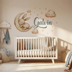 Personalized Bunny on Moon Nursery Wall Decal – Kids Room Removable Sticker