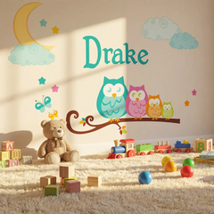 Personalized Owl Family Nursery Wall Decal – Kids Room Removable Sticker