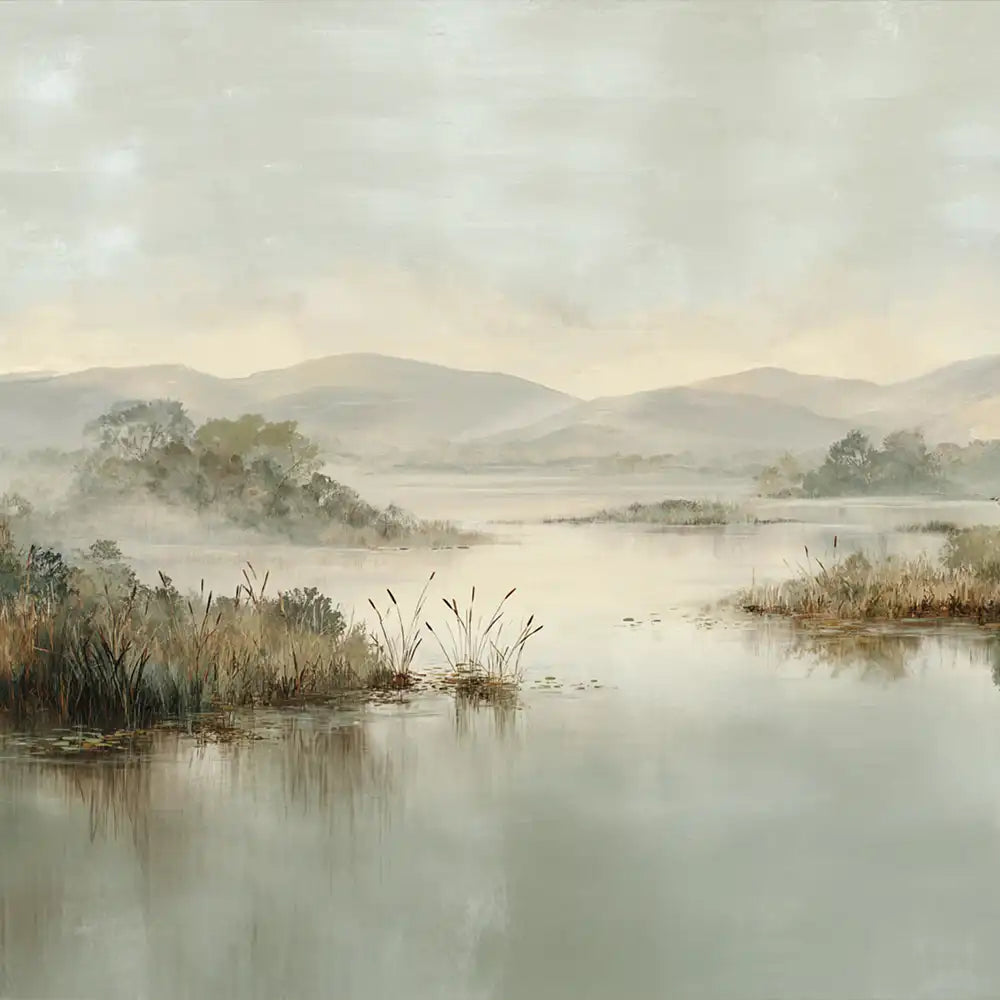 Soft sage gray lakeside nature landscape peel-and-stick wall mural for serene bedroom design