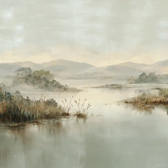 Soft sage gray lakeside nature landscape peel-and-stick wall mural for serene bedroom design