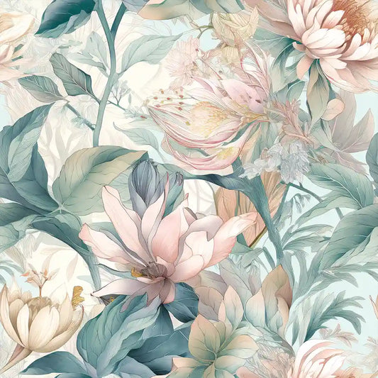 Sage green pastel botanical floral peel-and-stick wallpaper for serene bedroom or living room