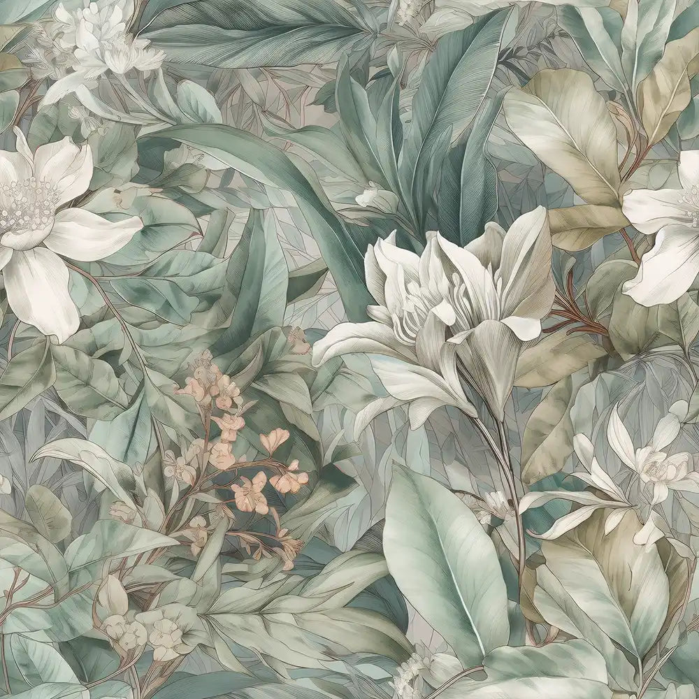Muted sage ivory elegant tropical botanical peel-and-stick wallpaper for calming bedroom