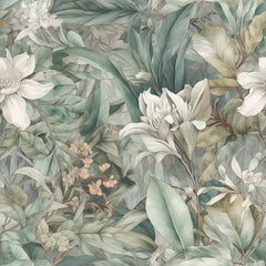 Muted sage ivory elegant tropical botanical peel-and-stick wallpaper for calming bedroom