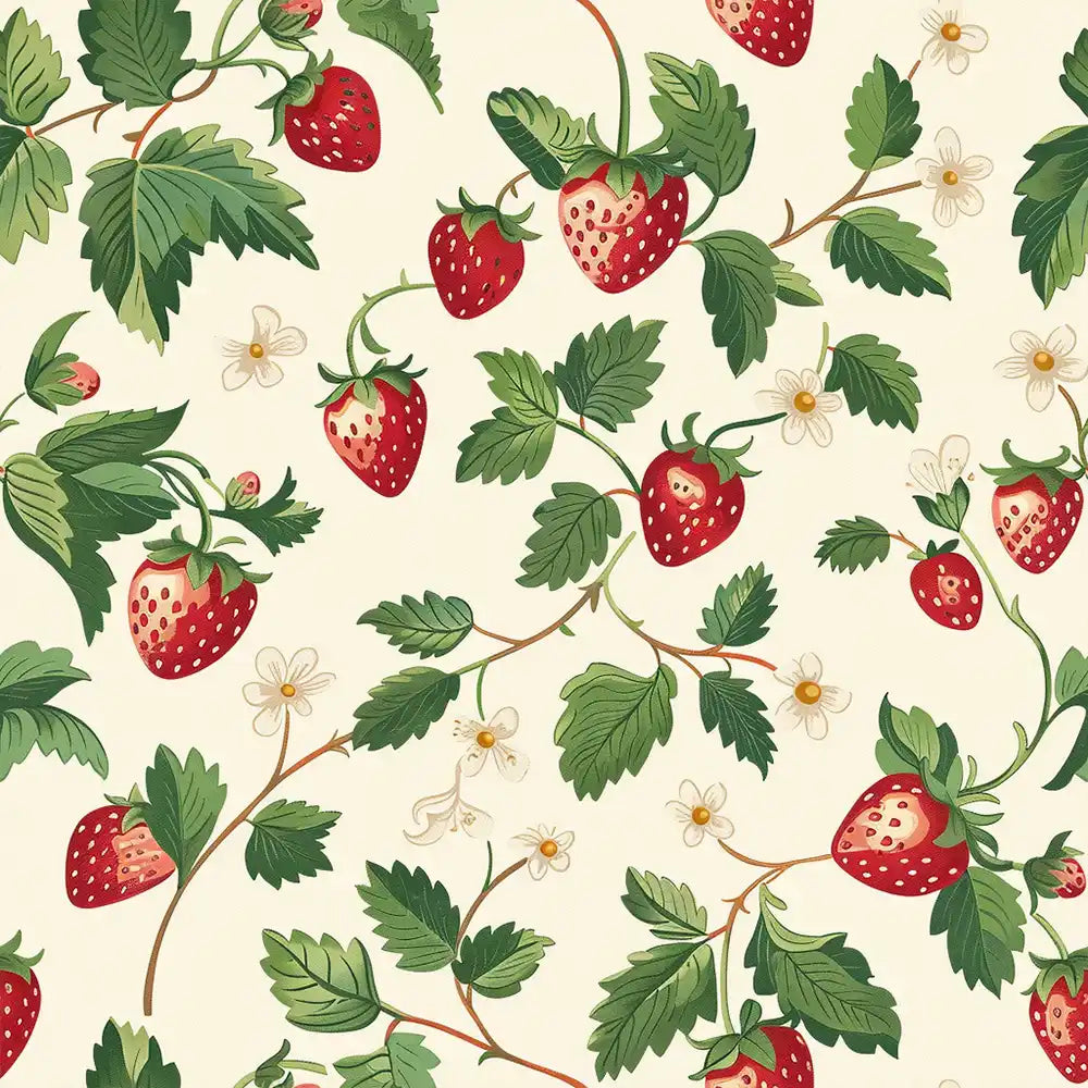 Berry red and sage green strawberry blossom vine removable wallpaper for bedroom or living room