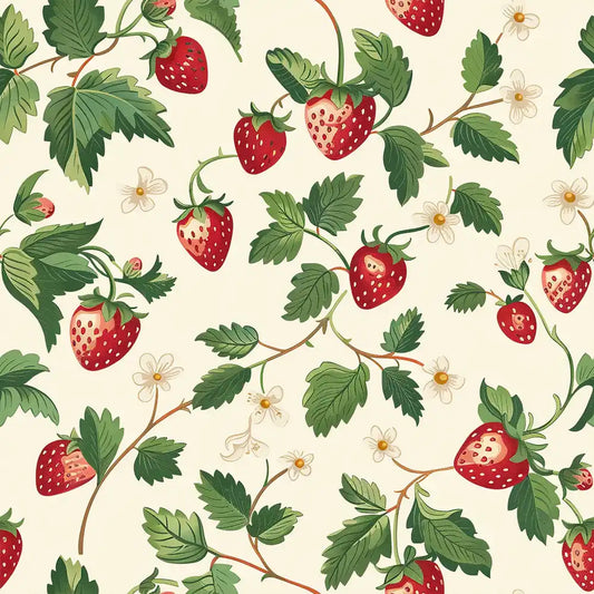 Berry red and sage green strawberry blossom vine removable wallpaper for bedroom or living room
