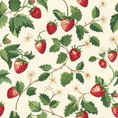 Berry red and sage green strawberry blossom vine removable wallpaper for bedroom or living room