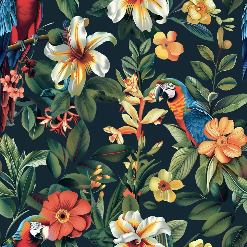 Deep teal colorful tropical parrot garden peel-and-stick wallpaper for vibrant living room