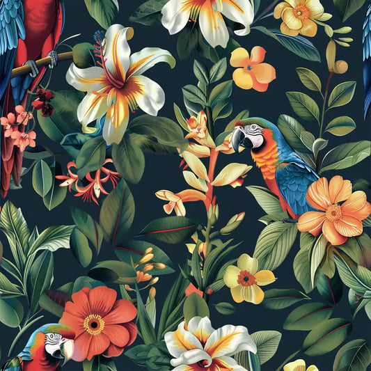 Deep teal colorful tropical parrot garden peel-and-stick wallpaper for vibrant living room