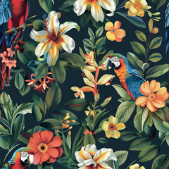 Deep teal colorful tropical parrot garden peel-and-stick wallpaper for vibrant living room