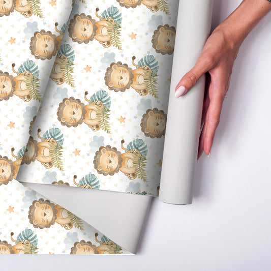 Cute Lion Safari Theme Wallpaper – Peel-and-Stick Kids Room Nursery Design