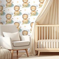 Cute Lion Safari Theme Wallpaper – Peel-and-Stick Kids Room Nursery Design
