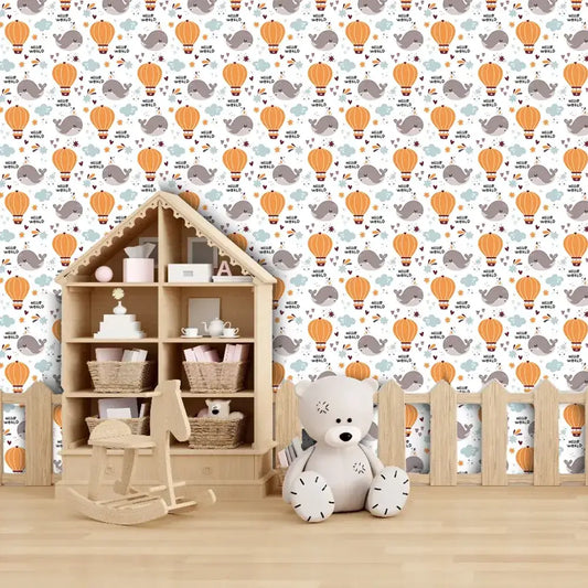 Hello World Whale and Balloon Wallpaper – Nursery Peel-and-Stick Kids Room Design