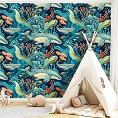 Underwater Whale Paradise Wall Mural – Peel-and-Stick Large Removable Design
