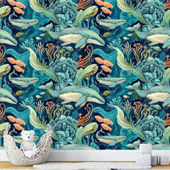 Underwater Whale Paradise Wall Mural – Peel-and-Stick Large Removable Design