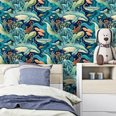 Underwater Whale Paradise Wall Mural – Peel-and-Stick Large Removable Design