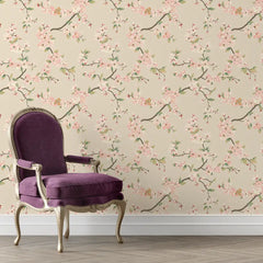 Blush Cherry Blossom Wallpaper – Romantic Peel-and-Stick Bedroom Living Room Design