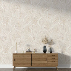 Neutral Beige Leaf Minimal Wallpaper – Modern Peel-and-Stick Bedroom Office Design