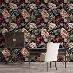 Moody Peony Botanical Wallpaper – Dark Peel-and-Stick Bedroom Accent Wall Design